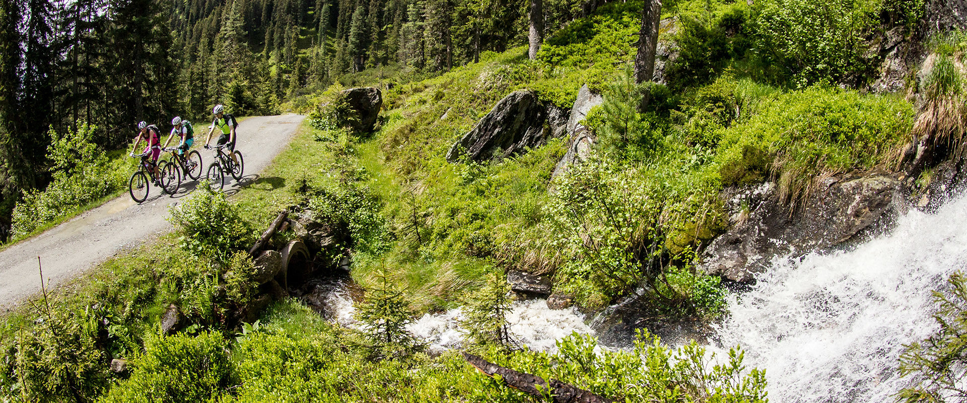 Forststrassen Strecke mit dem Mountainbike neben Gebirgsbach auf Alm fahren.