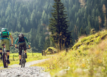 Thumbnail http://Zwei%20Mountainbiker%20fahren%20über%20Schotterstrasse%20in%20Almengebiet%20mit%20Almwiese%20und%20grünem%20Nadelwald%20im%20Hintergrund